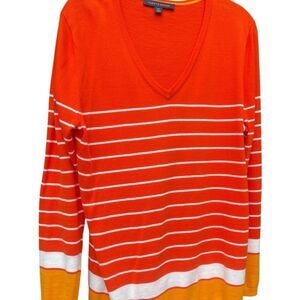 Tommy Hilfiger Vibrant Red/orange white stripe long sleeve V-Neck net sweater